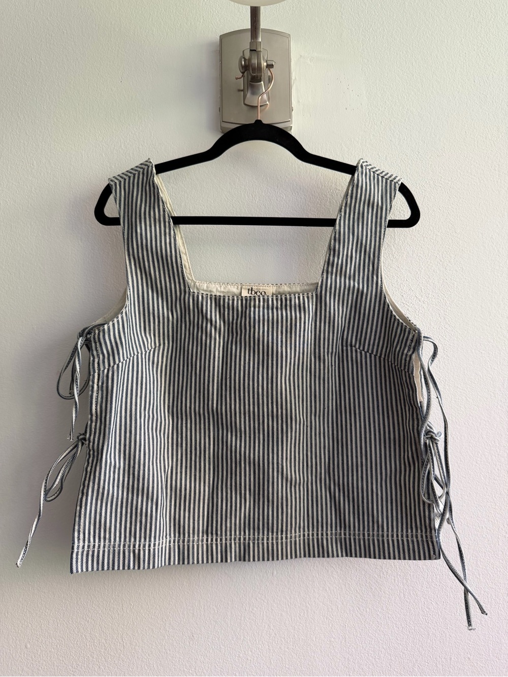 Blue and White Striped Square-Neck Tie-Side Crop Tank